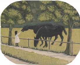 wood-engraving original print: Child Feeding Ponies